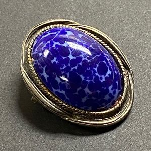 Vintage Silver Royal Blue Oval Cabochon Brooch Pin